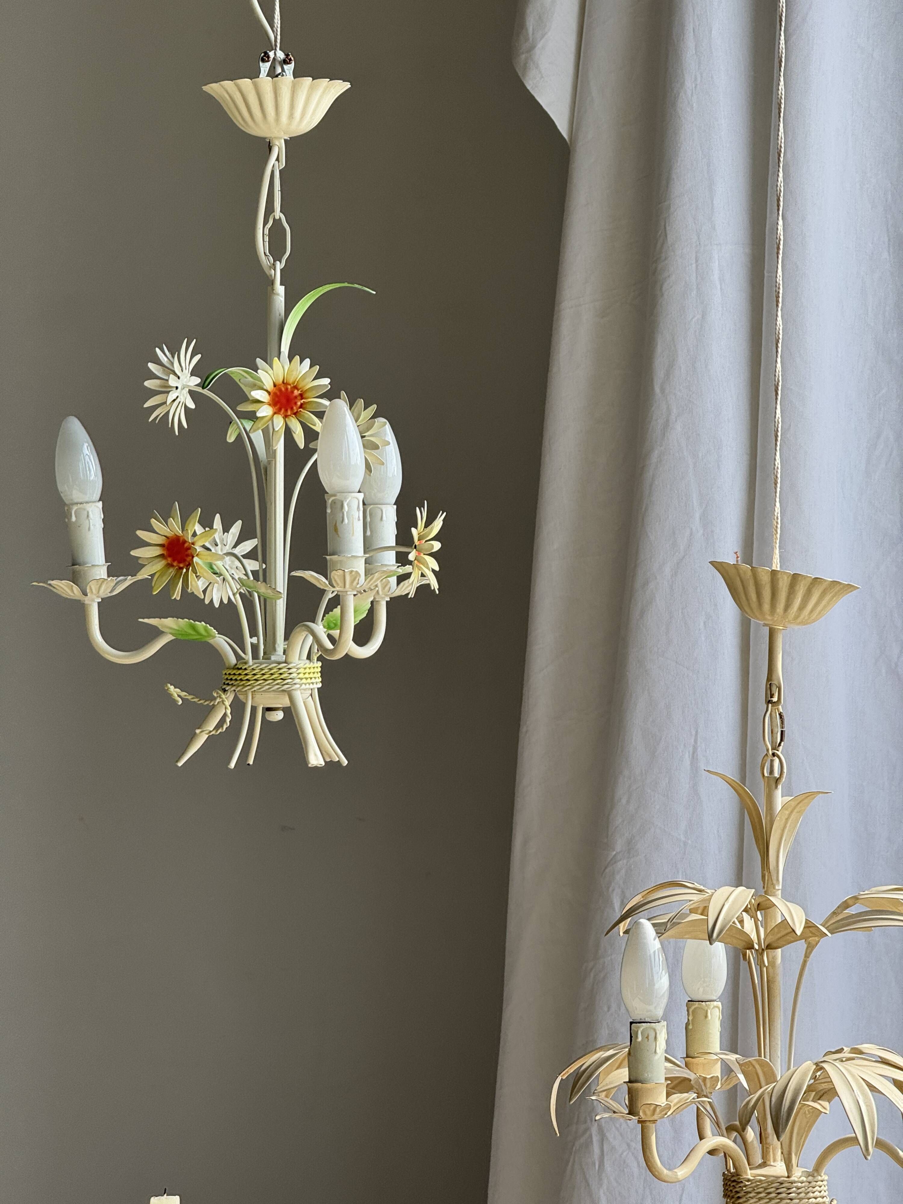 Small vintage cream metal flower chandelier with orange flowers and 3 arms.