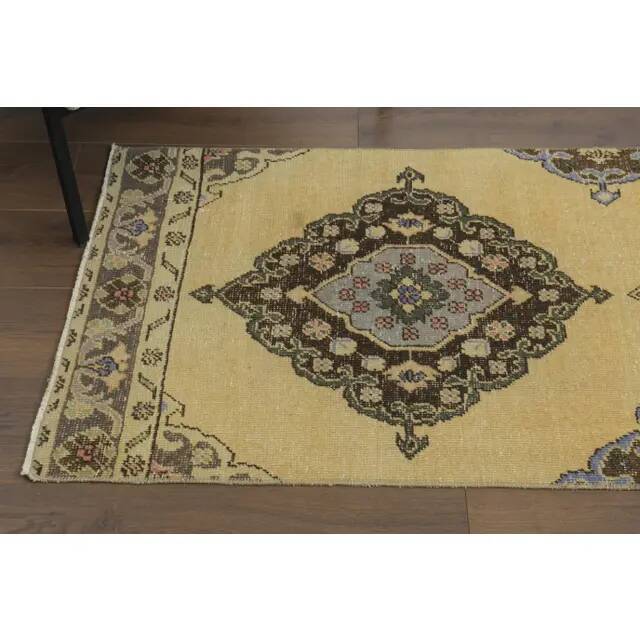 1970s Vintage Turkish Hand-Knotted Wool Cotton Yellow Runner Rug  74x383