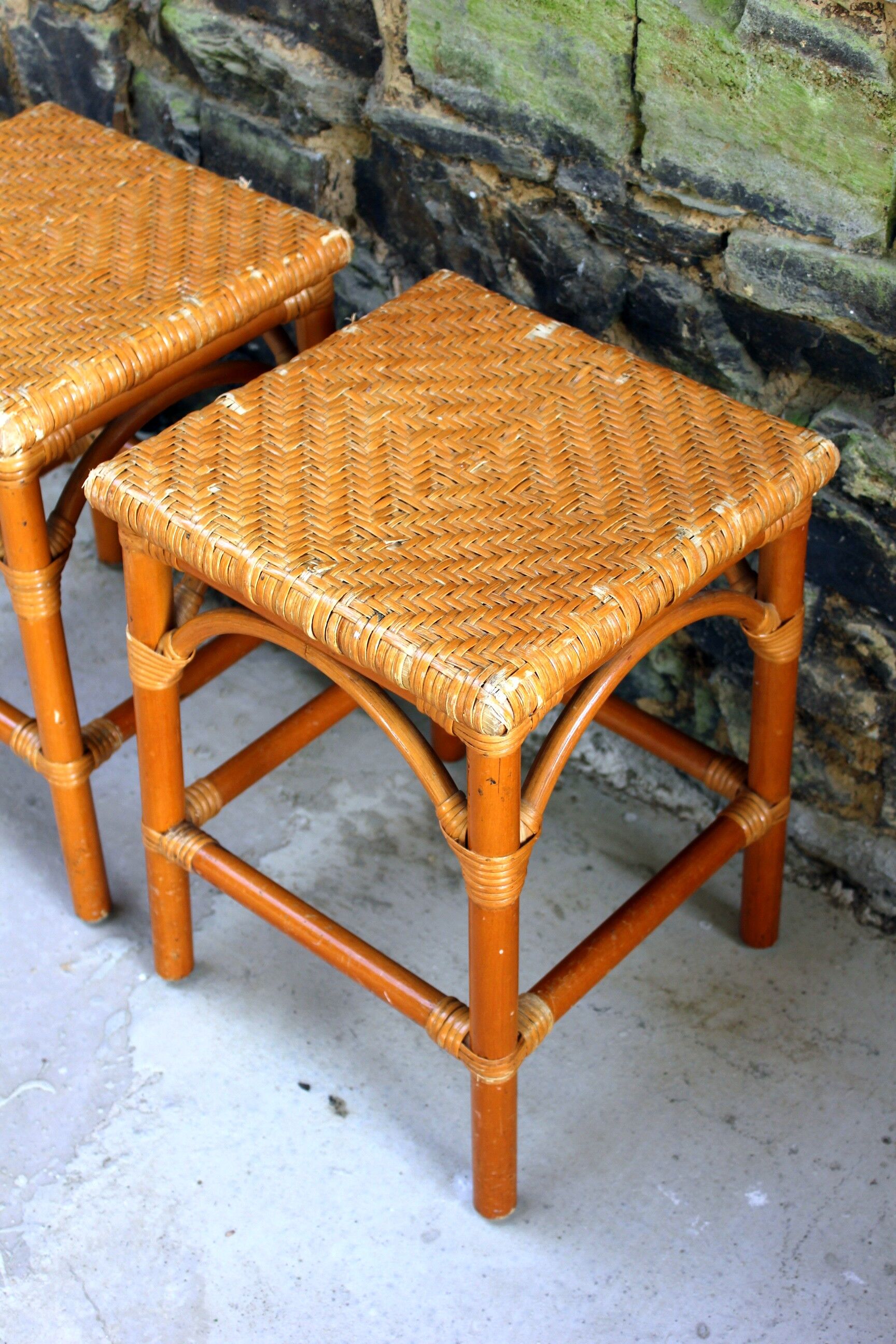 Rattan and wicker stool, vintage bedside table year 70