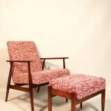 Fauteuil scandinave et repose-pieds couleur homard rouge design by H. Lis