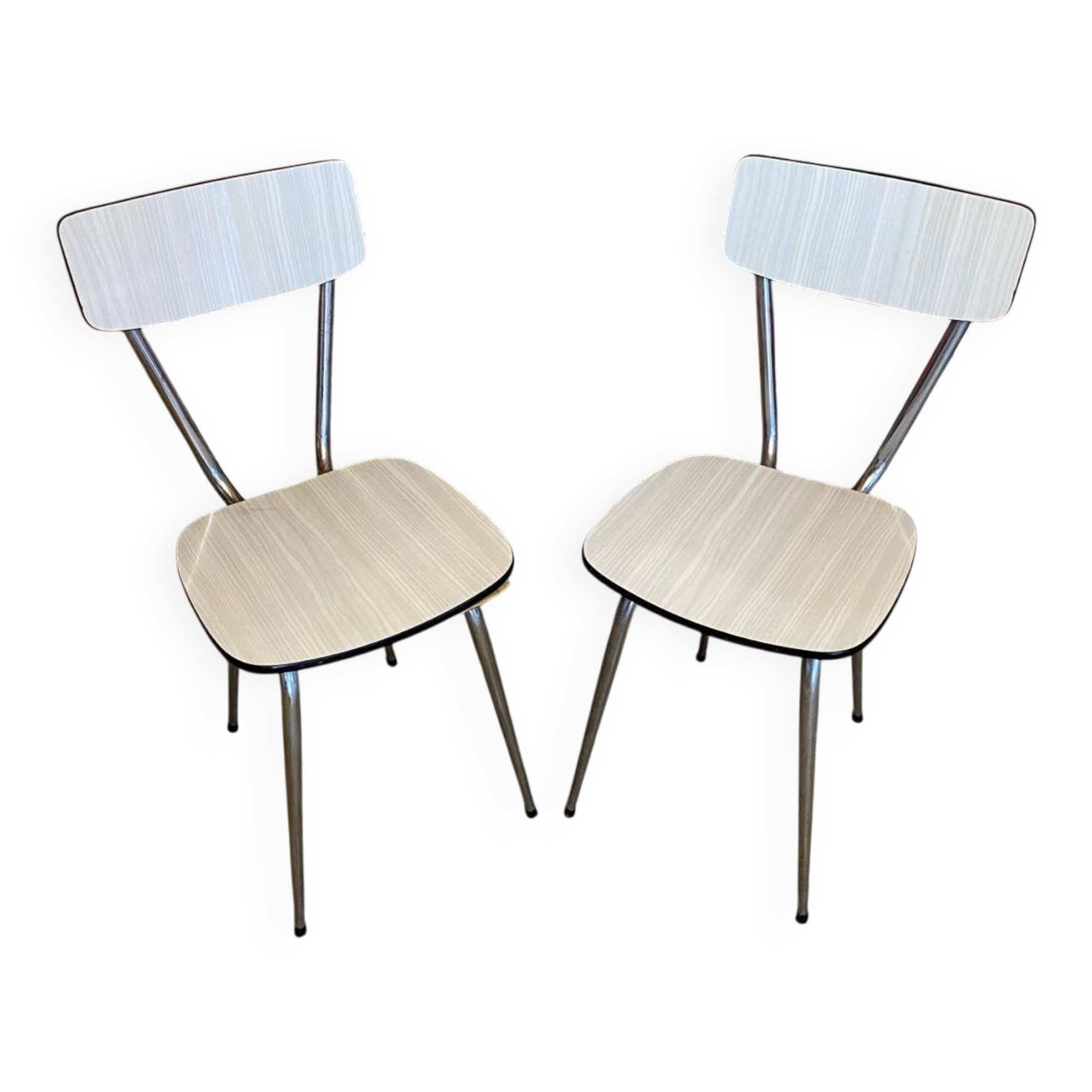 Pair of antique chrome metal chairs + white formica seat & back