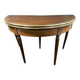Table demi-lune acajou fin d'époque Louis XVI formant console table à jeu