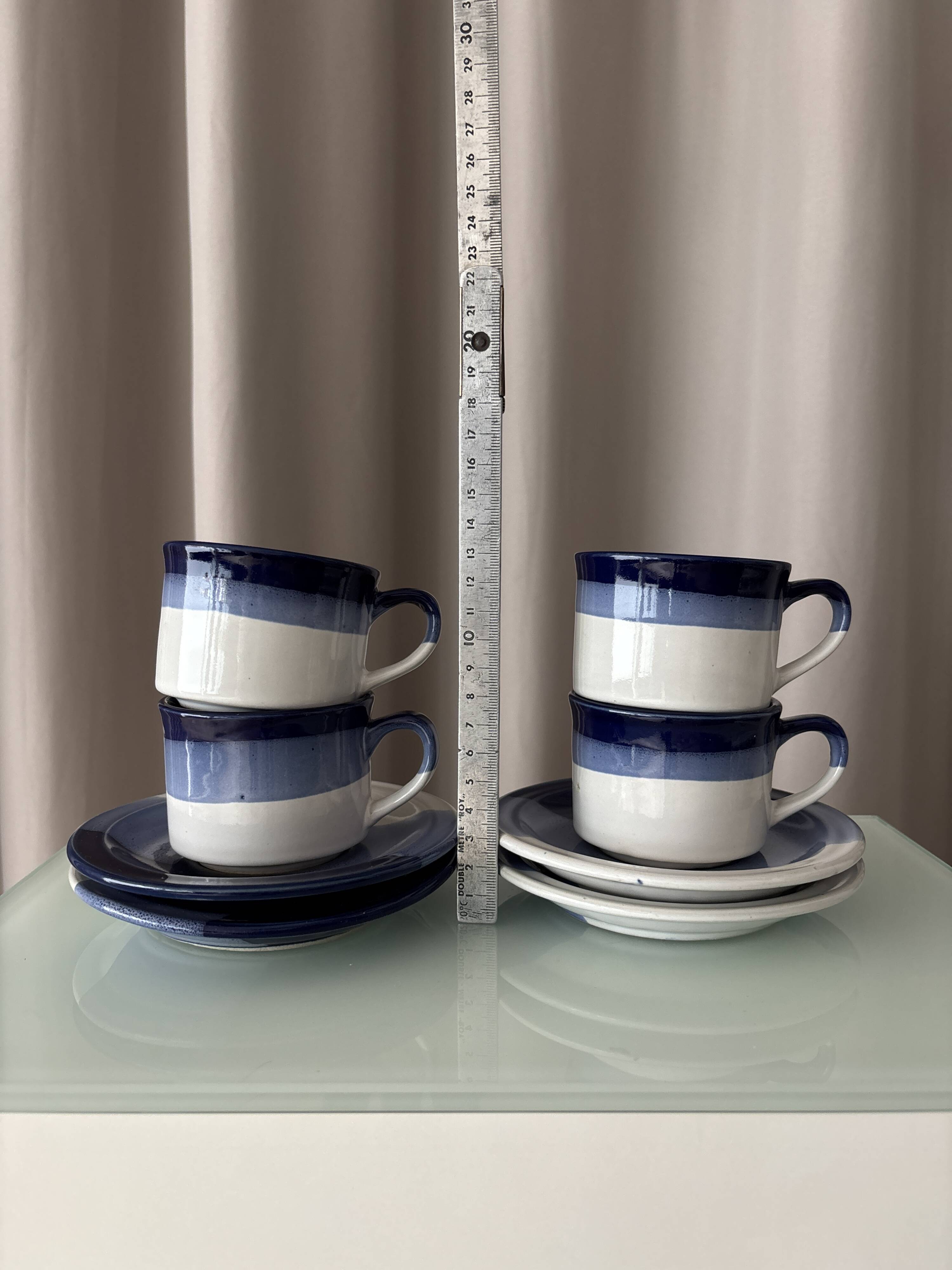 Set of 4 Vintage Studio Pottery Cups & Saucers – Hand Glazed Blue & White