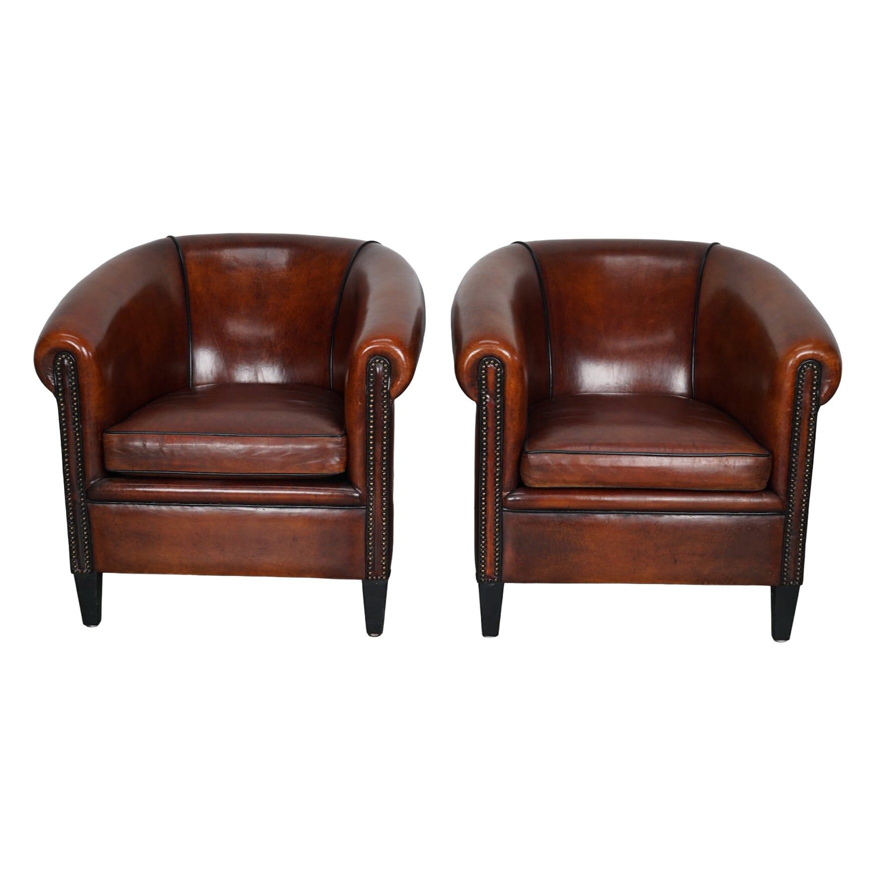 Vintage Dutch Cognac Leather Club Chairs, Set of 2