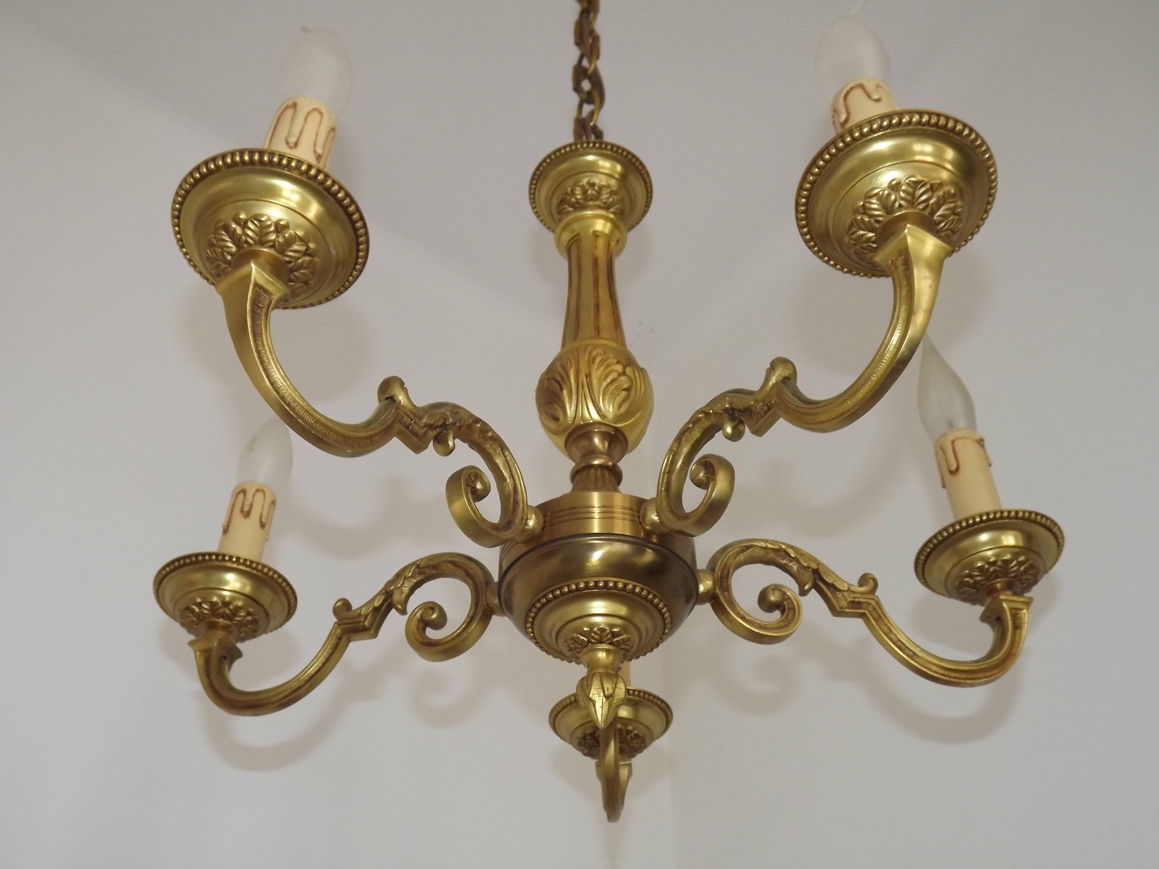 French Vintage Mid-Century Bronze 5-Light Traditional Style Chandelier