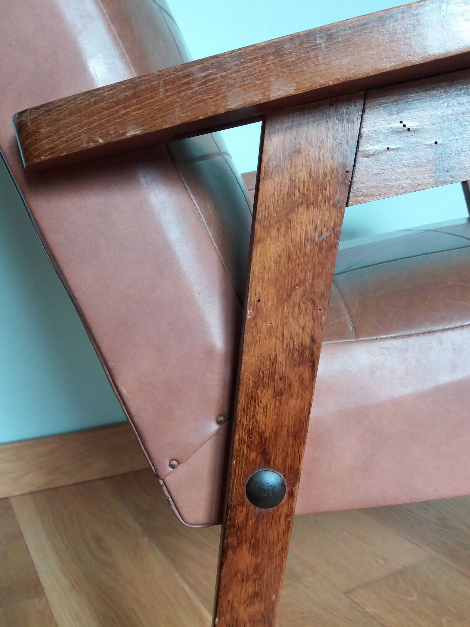 Scandinavian armchair in brown leatherette and wood
