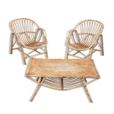 Ensemble fauteuils et table en bambou et rotin année 70