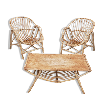 Ensemble fauteuils et table en bambou et rotin année 70