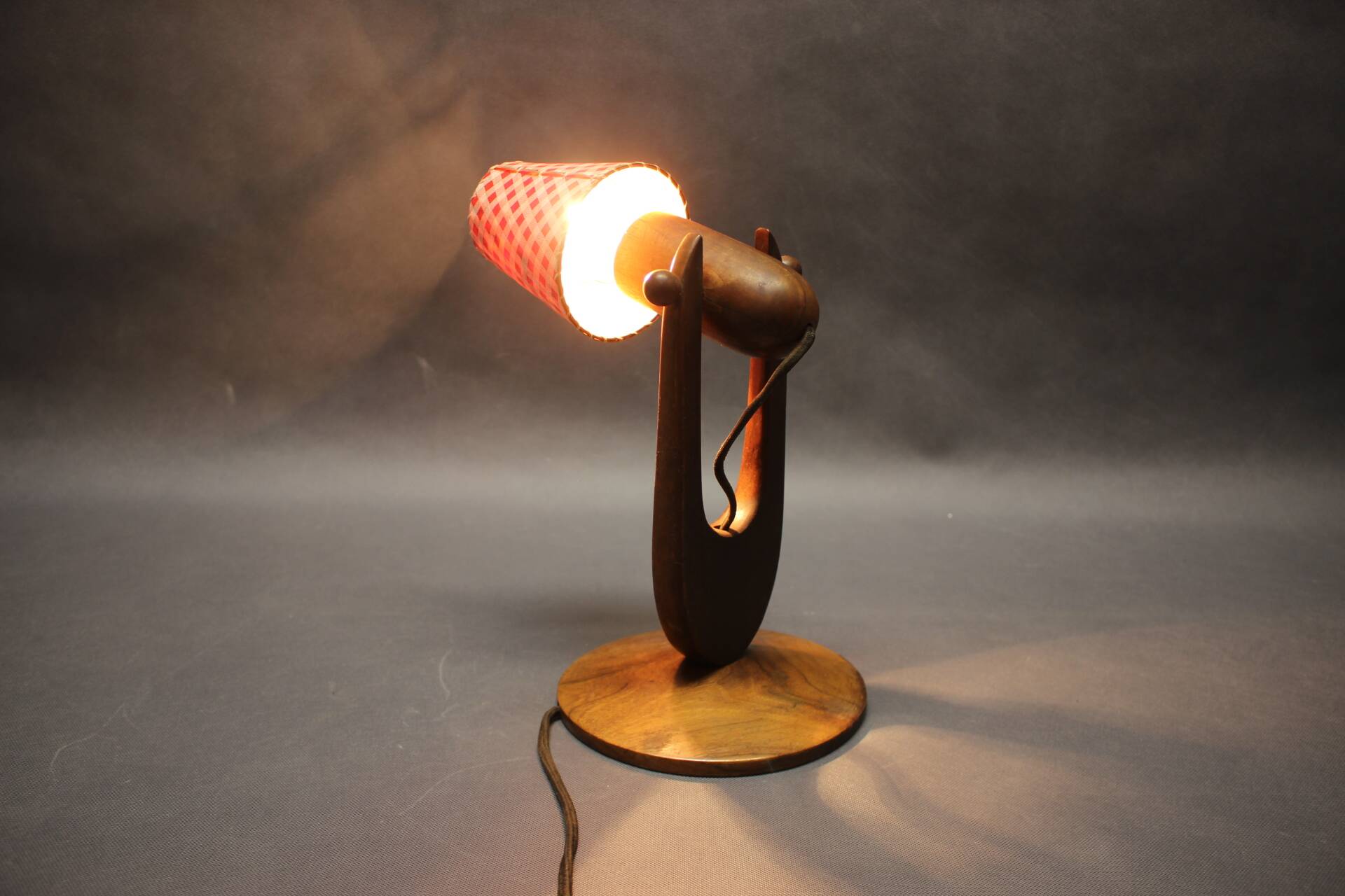 Mid-century adjustable wooden table lamp with checked shade, Czechoslovakia