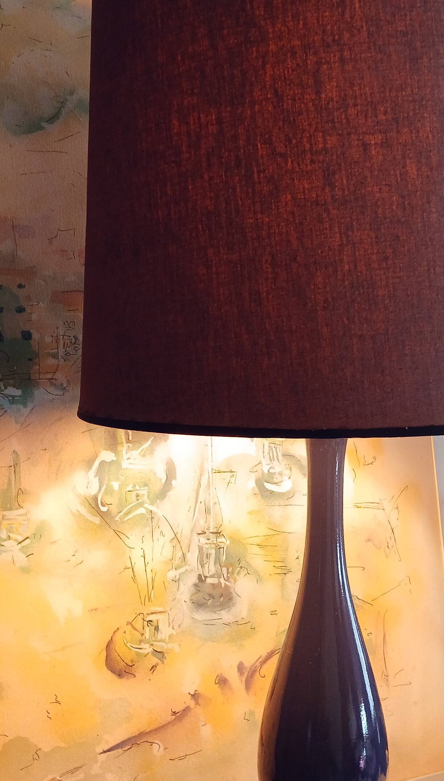 "Violet blue" lamp by Philippe Capelle, original lampshade, circa 1950