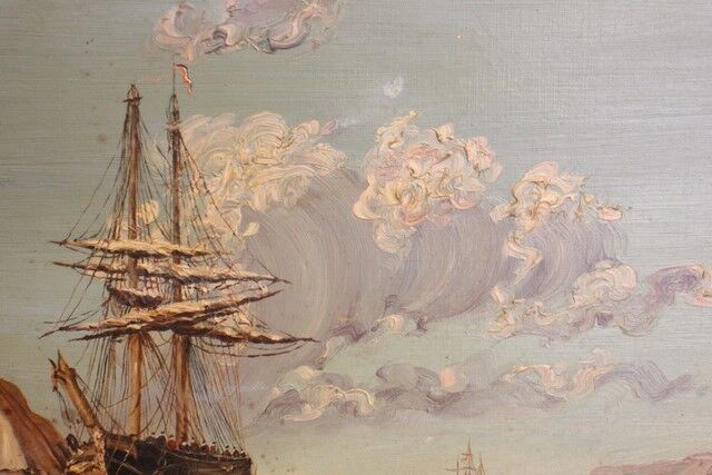 Large oil painting on canvas marine late 19th "the berthing of the sailboat"