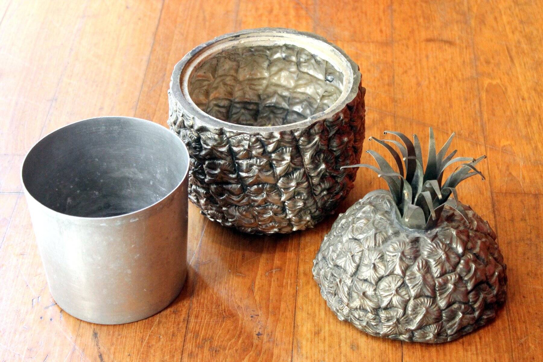 Mid-Century Modern Italian Silvered Pineapple Ice Bucket and Sugar Bowl, 1970s, Set of 2