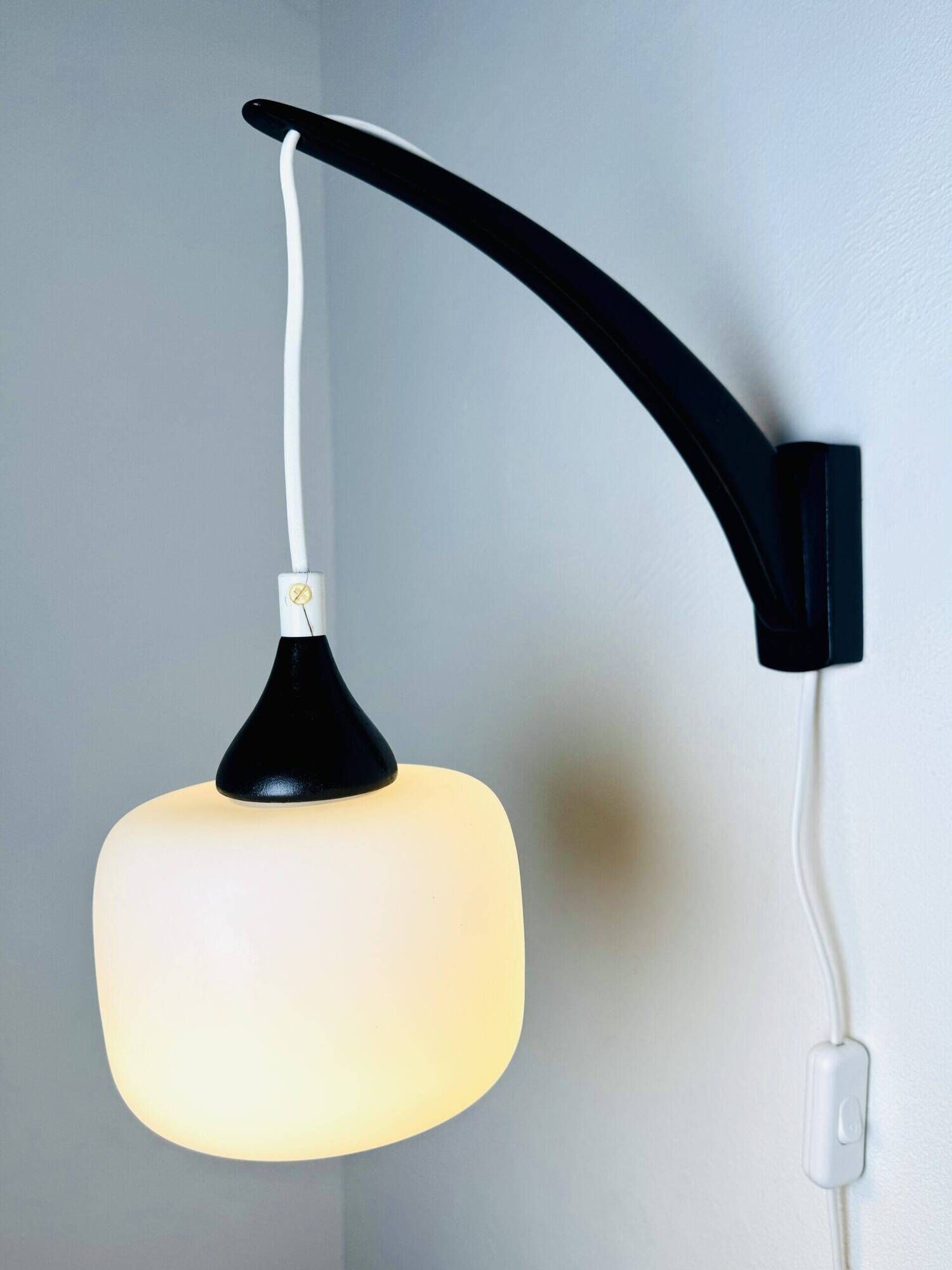 Set Of Single-Arm Wall Lamps In Teak And Opaline Glass By Uno & Östen Kristiansson For Luxus, Sweden 1960S