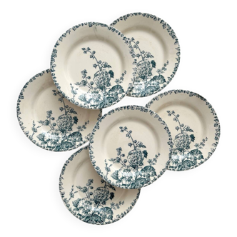 6 assiettes plates en terre de fer «Rose trémière» Gien