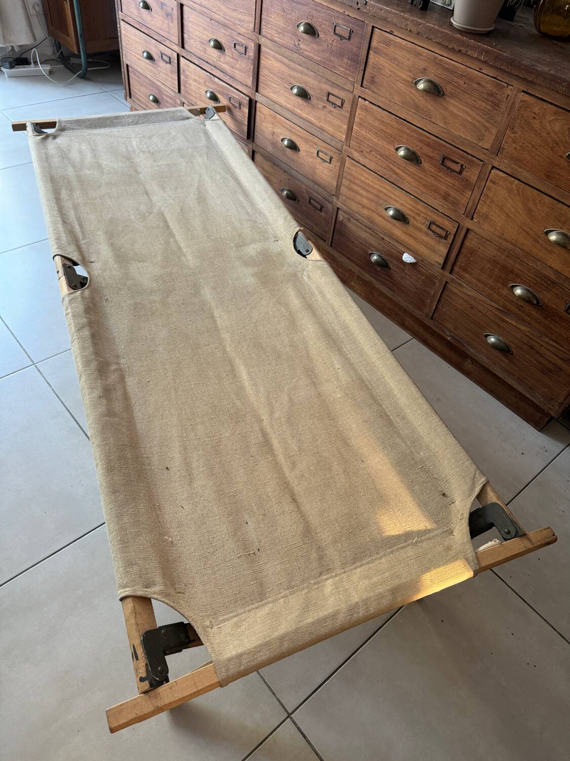 Old vintage military camp bed