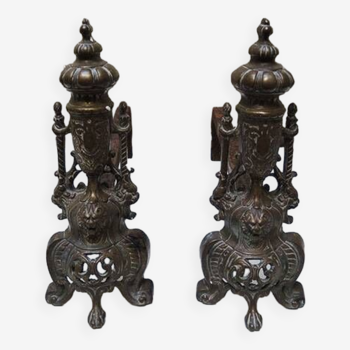 Old Cast Iron & Brass Andirons: Lions Tower