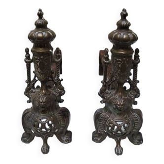 Old Cast Iron & Brass Andirons: Lions Tower