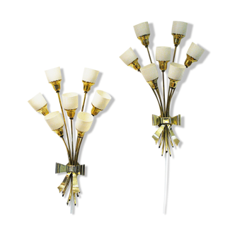 Bouquet vintage design moderne paire d’appliques murales en laiton des années 1940