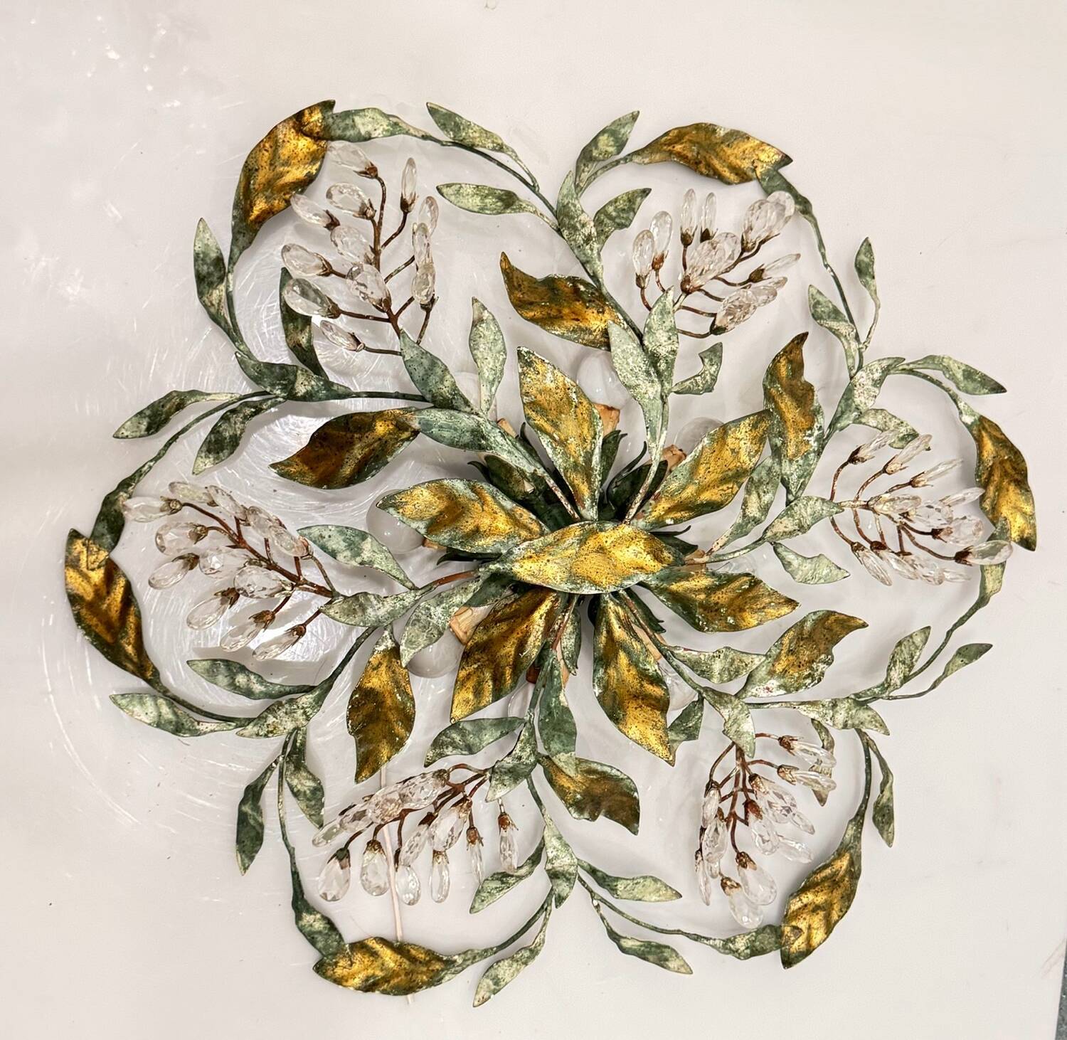 Large Florentine Tole Crystal Flushmount 1960’s