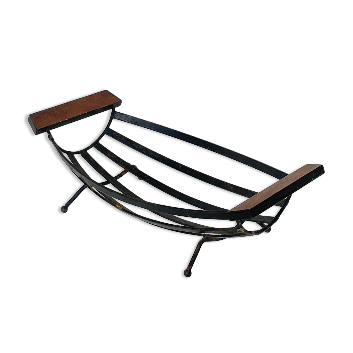 Vintage brutalist fruit basket in wrought iron and teak, 1950
