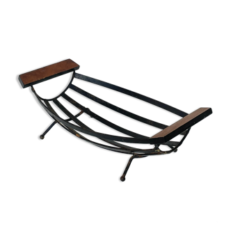 Vintage brutalist fruit basket in wrought iron and teak, 1950