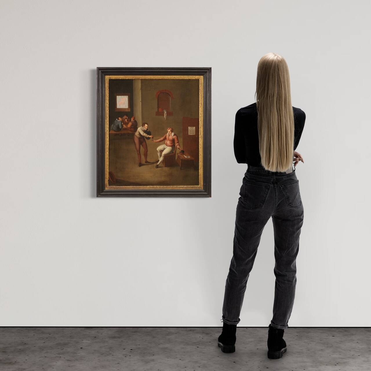 Peinture d'intérieur flamande antique du 17ème siècle