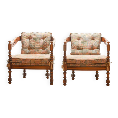 Fauteuils de salon en bois, collection Giorgetti Gallery, revêtement Gobelin, années 70