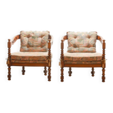 Fauteuils de salon en bois, collection Giorgetti Gallery, revêtement Gobelin, années 70