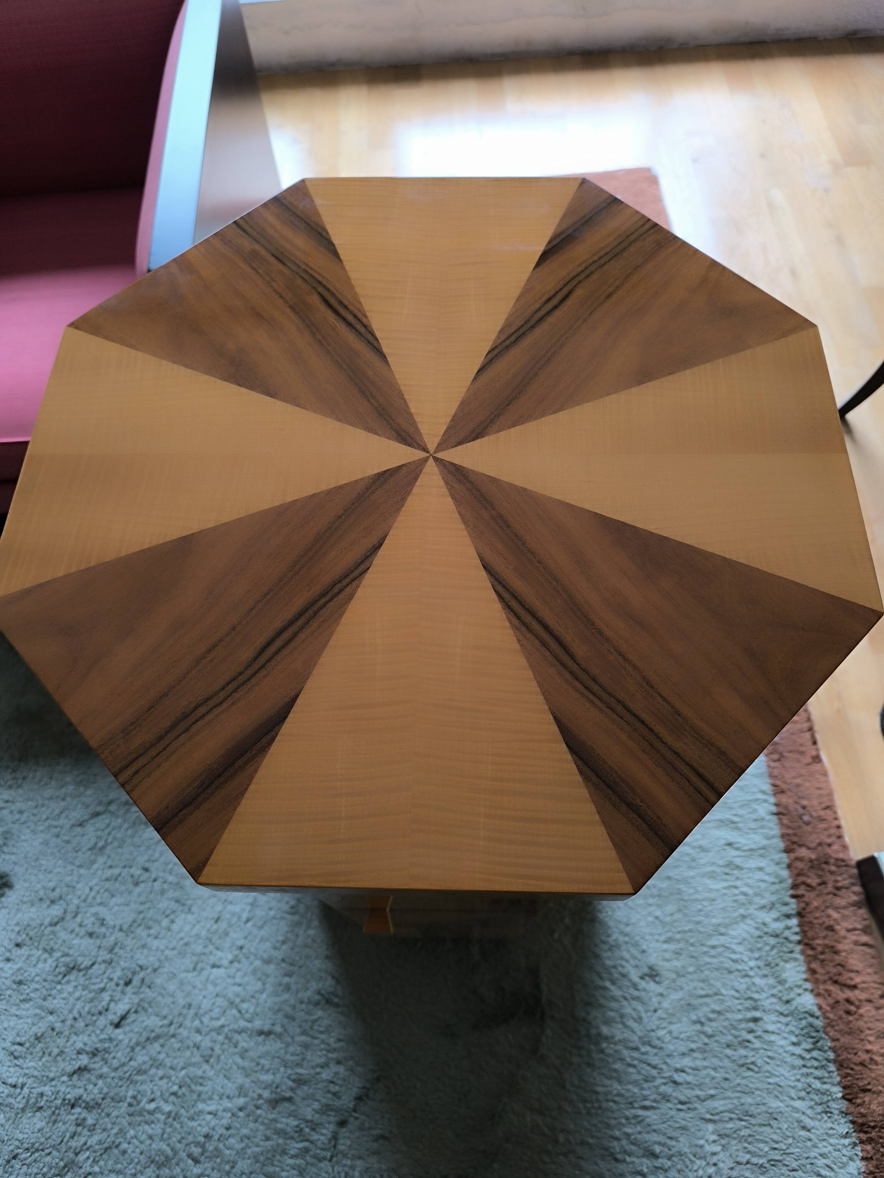 Postmodern octagonal gueridon in sycamore and rosewood, 1980–1990