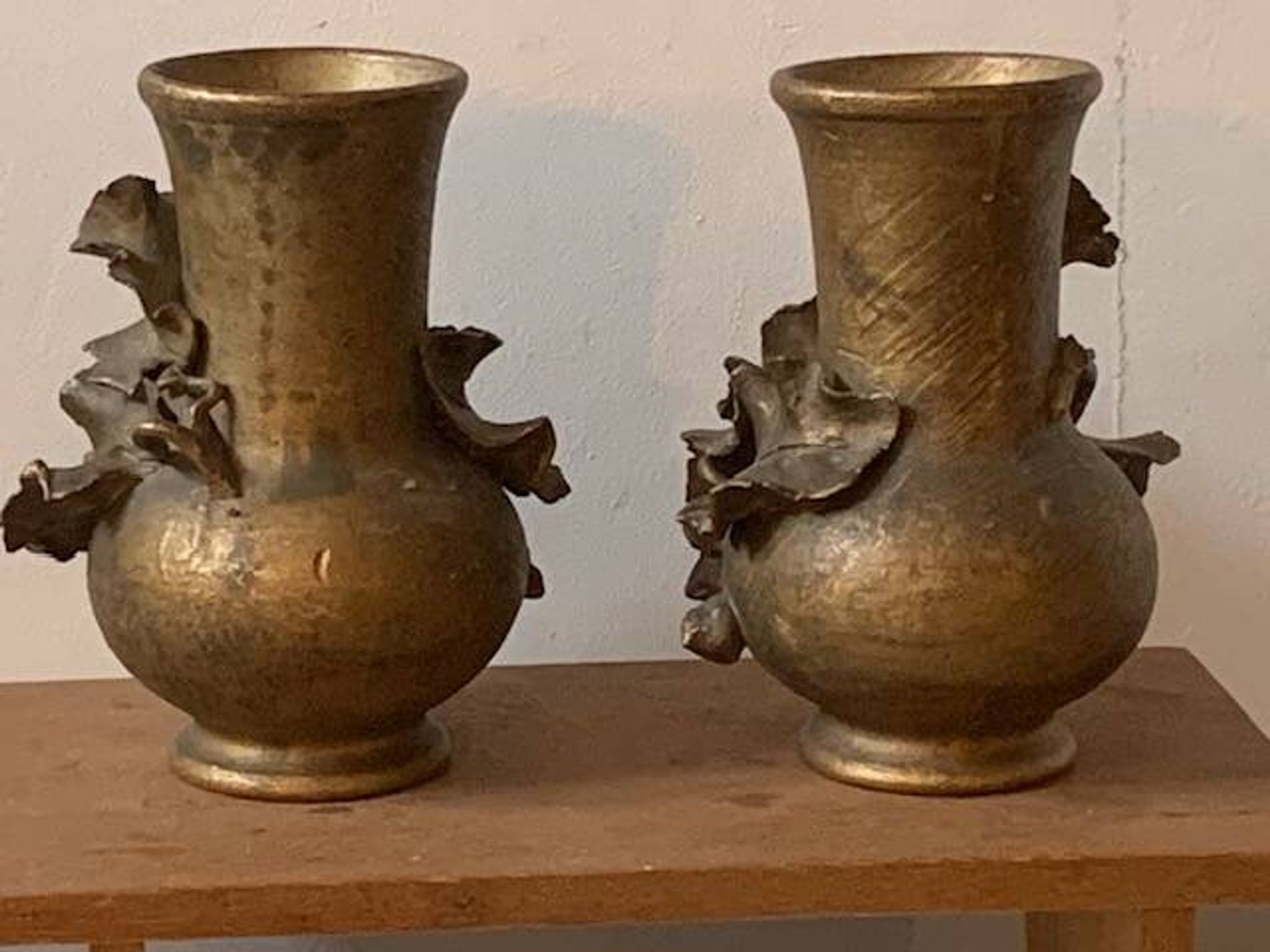 Pair of slip vases, ceramic with golden patina, signed Édouard Gilles.