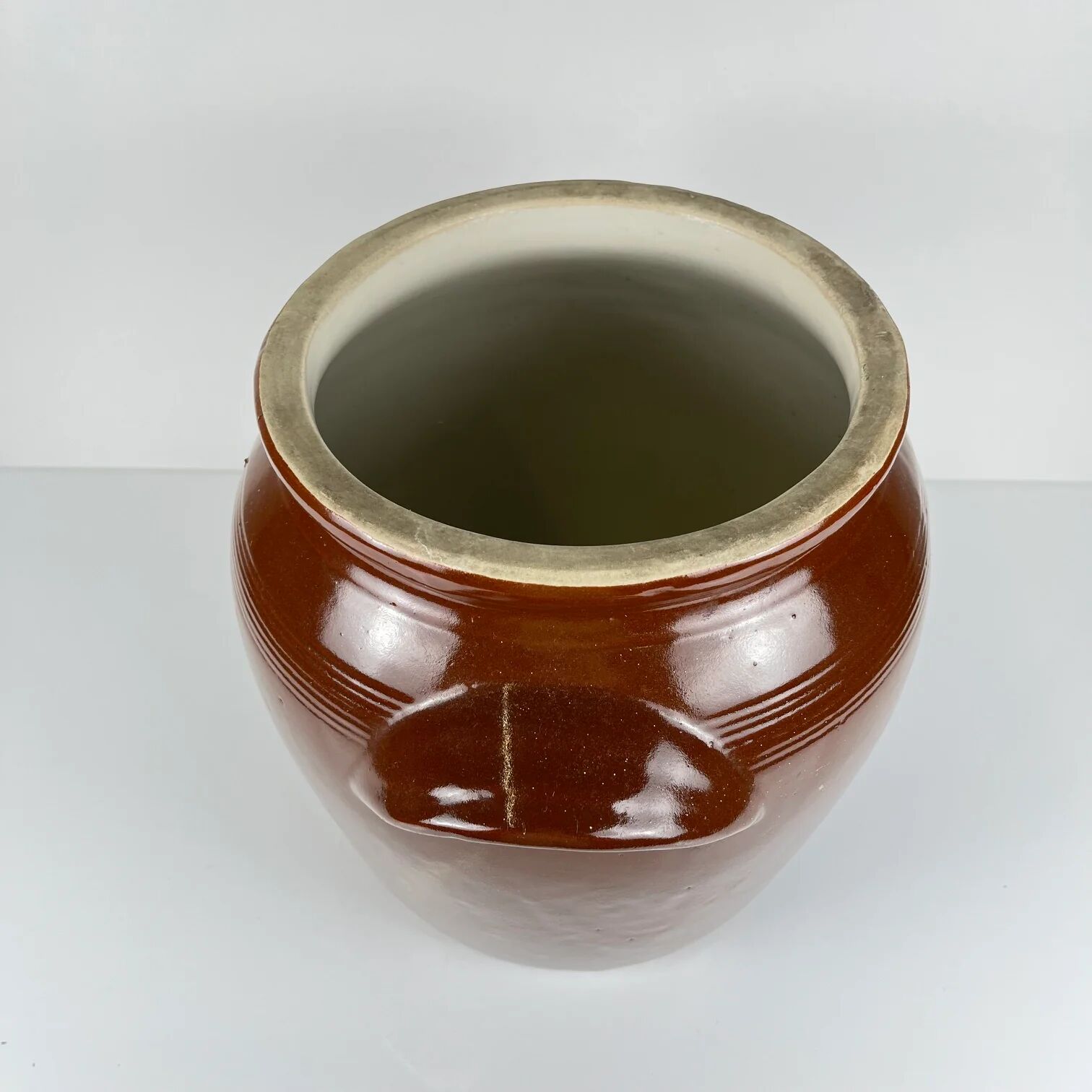 Large confit/grease pot, antique stoneware, brown colour, 1900.