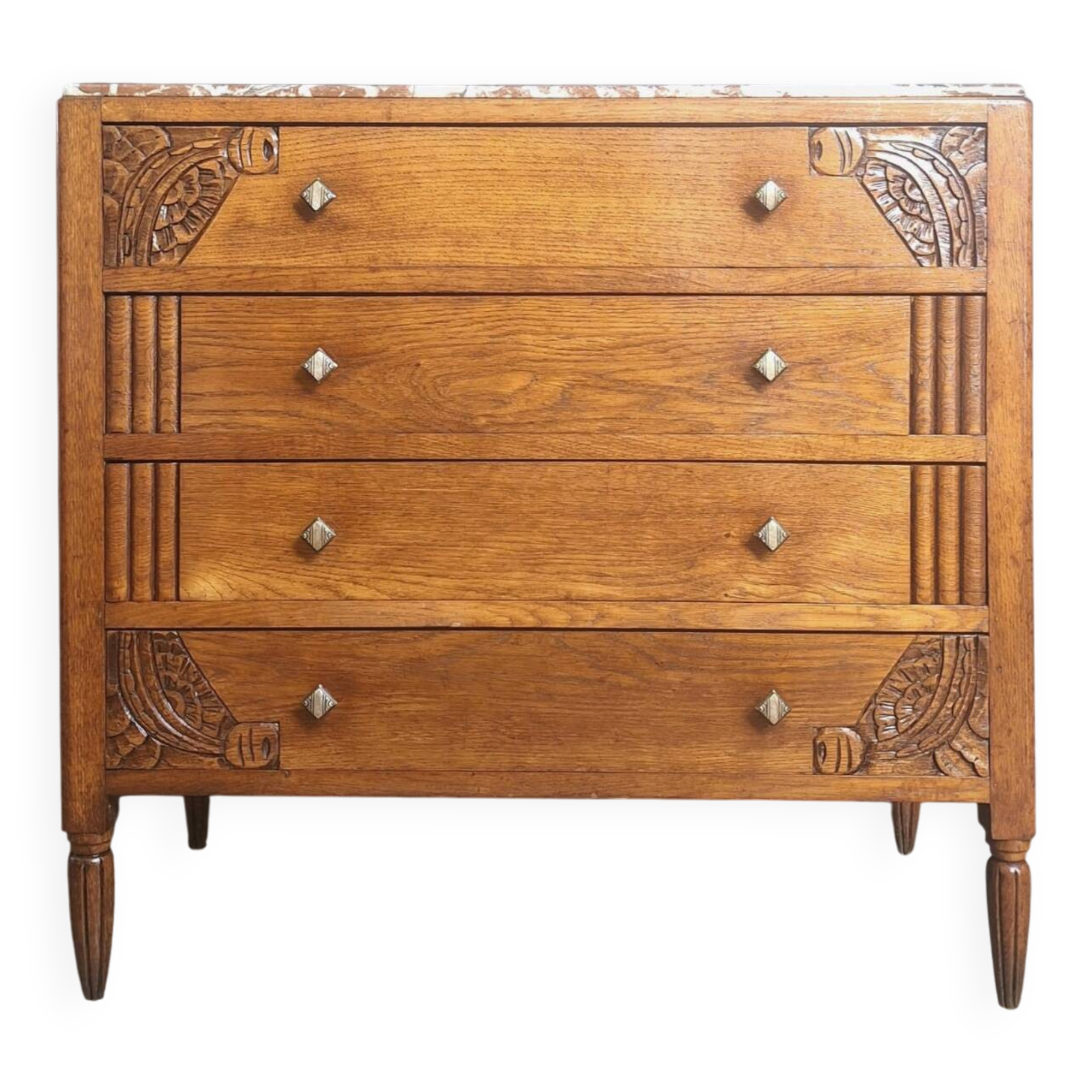 Art Deco commode with marble top, vintage antique furniture.
