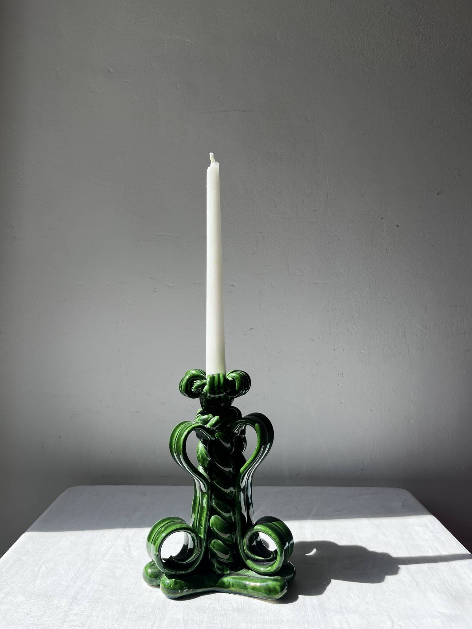 Lot of woven ceramic candle holders in green Vallauris.