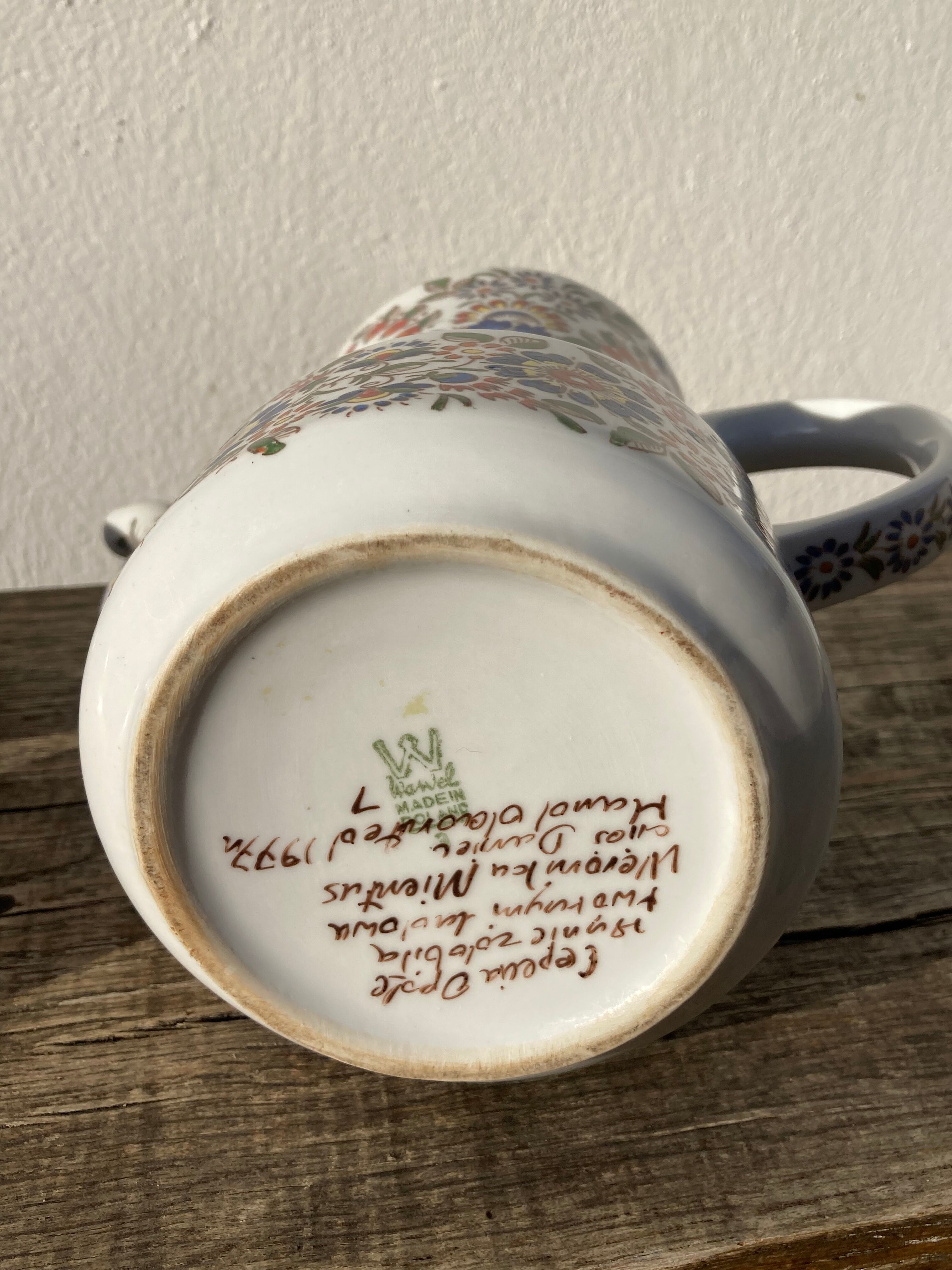 White hand-painted porcelain teapot with flowers Poland 1970s