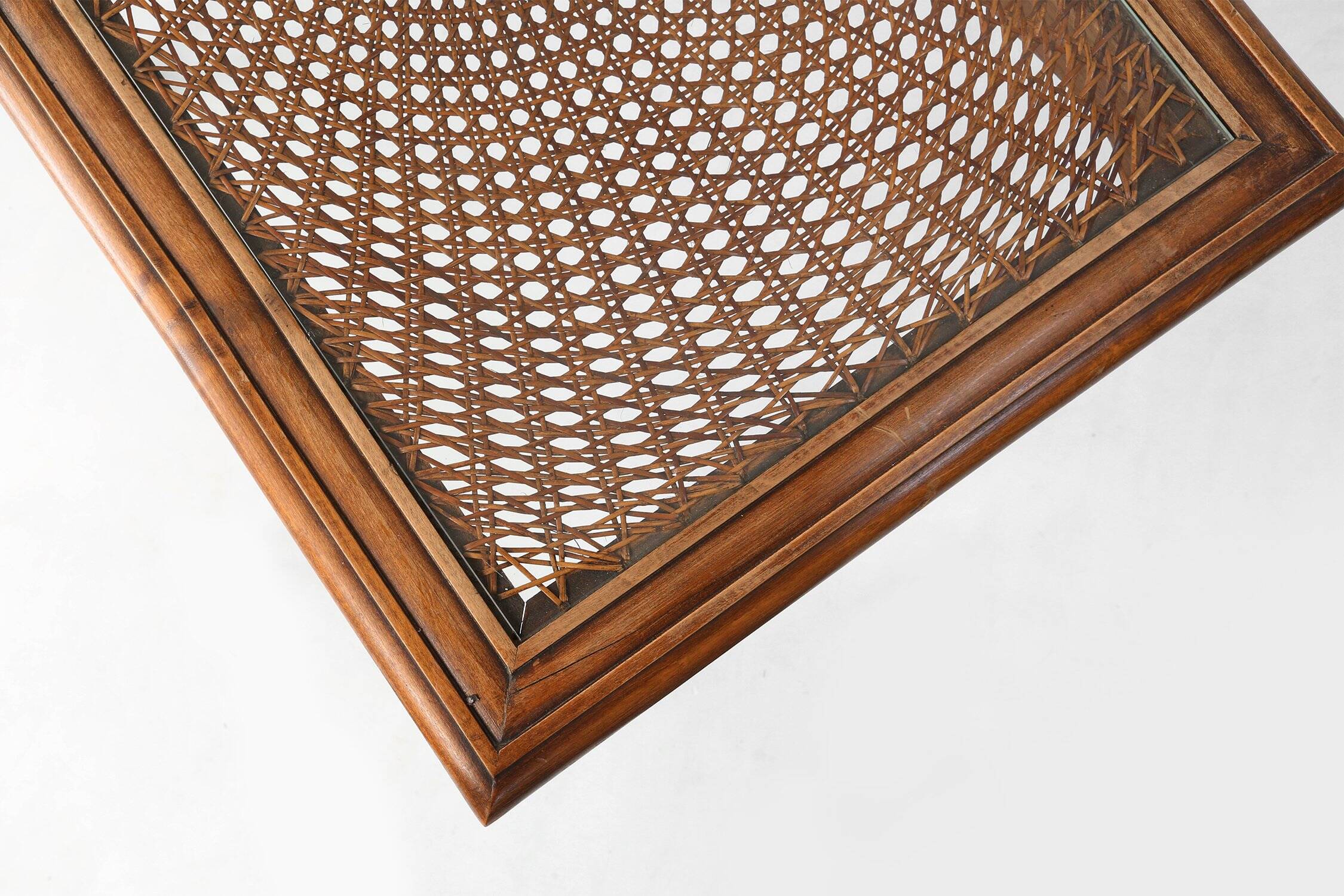 Sculpted Side Table in Wood, Glass & Rattan, France 1950s
