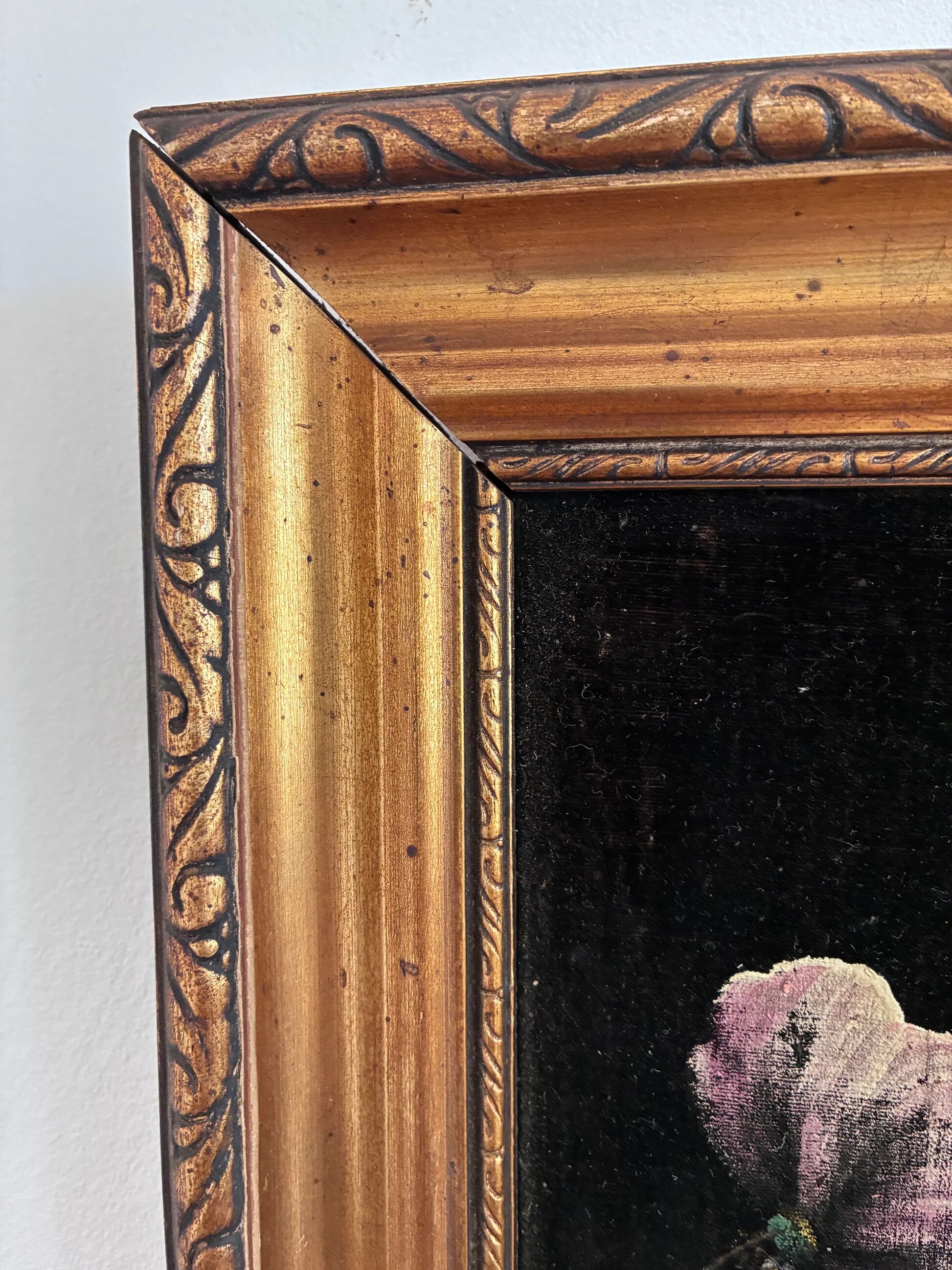 Vintage original velvet flower oil painting, pink flower still life art