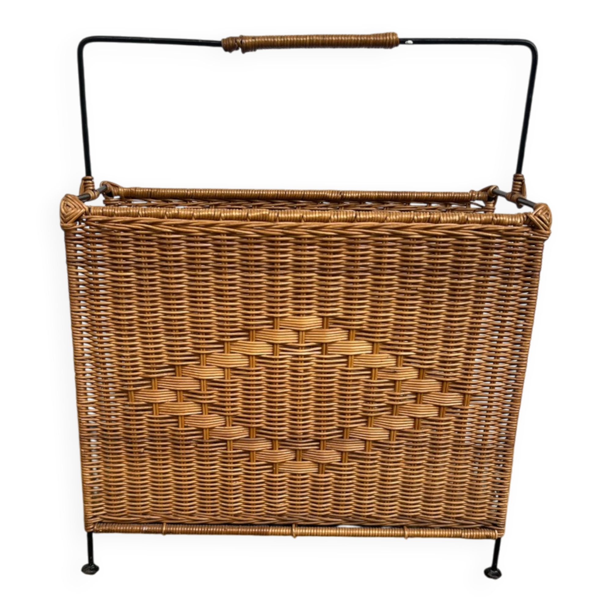 Vintage rattan and black metal magazine rack