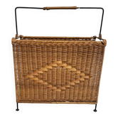 Vintage rattan and black metal magazine rack