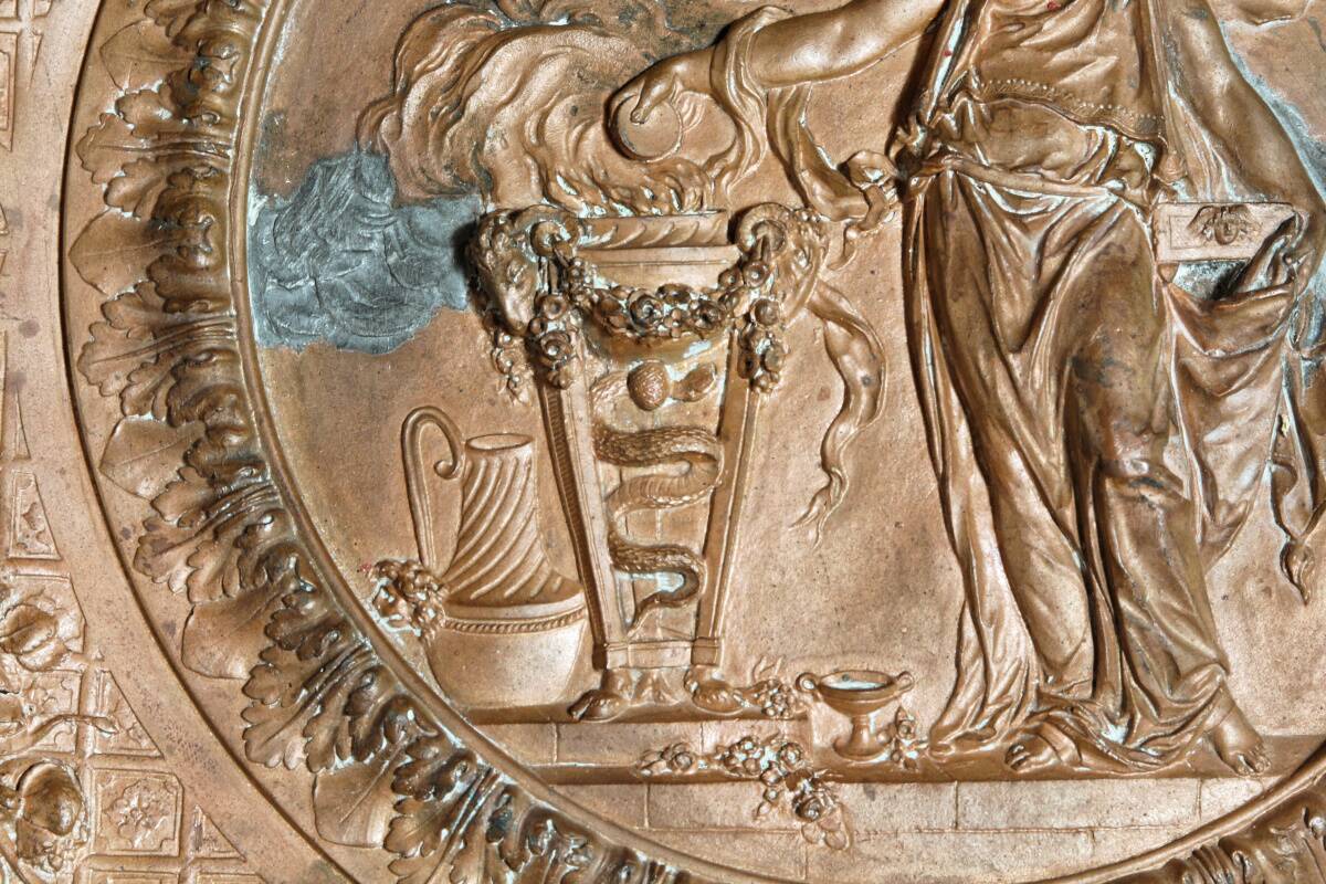 Repoussé copper plaque, early 19th century, in Neoclassical style.