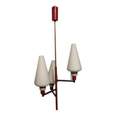 Lustre italien en laiton et en verre opalin, période Stilnovo 1950