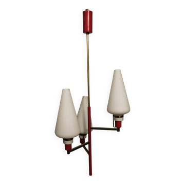 Italian brass and opaline glass small chandelier, Stilnovo period 1950