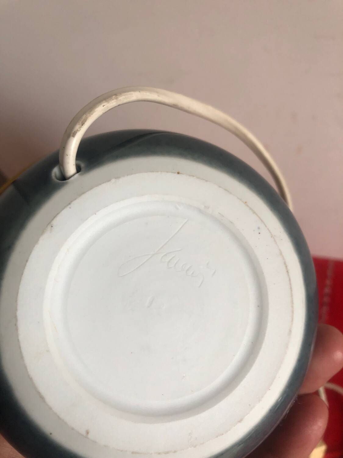 Old ceramic lamp with a silk shade signed Misslen.