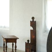 Danish popular art chair with a high back, made of oak, featuring hand-painted decoration, dated 1876.