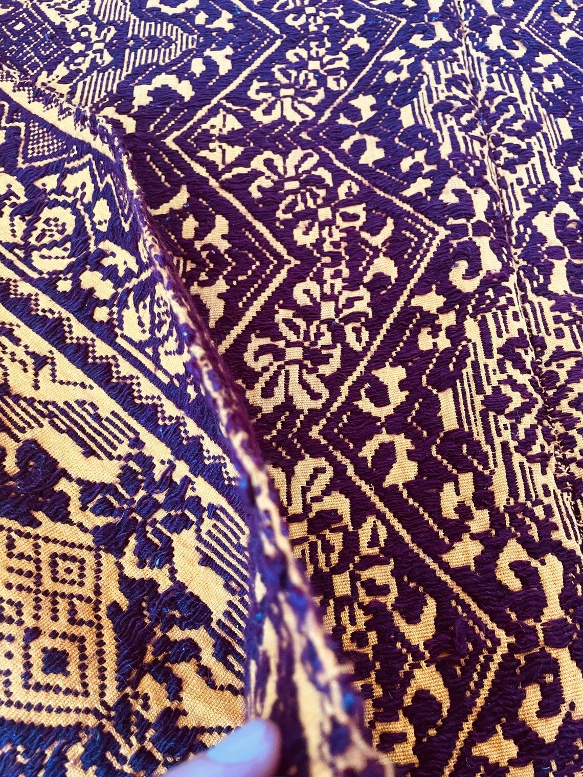 Vintage Romanian carpet design brown purple on yellow background 185x130cm