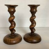 Pair of twisted turned wood candlesticks