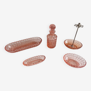 Set of 5 antique art deco pink bathroom accessories