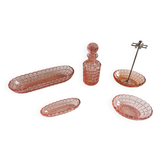 Set of 5 antique art deco pink bathroom accessories