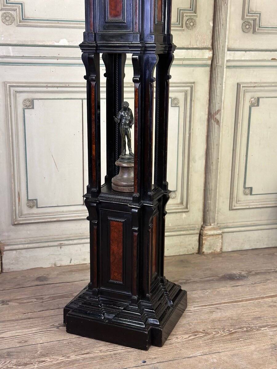 A pedestal table in blackened wood and burl veneer, superb assembly of moldings circa 1880