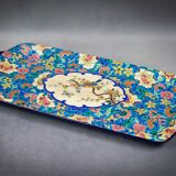 Plat à cake Longwy, décor floral et médaillon d’oiseaux, début XXème