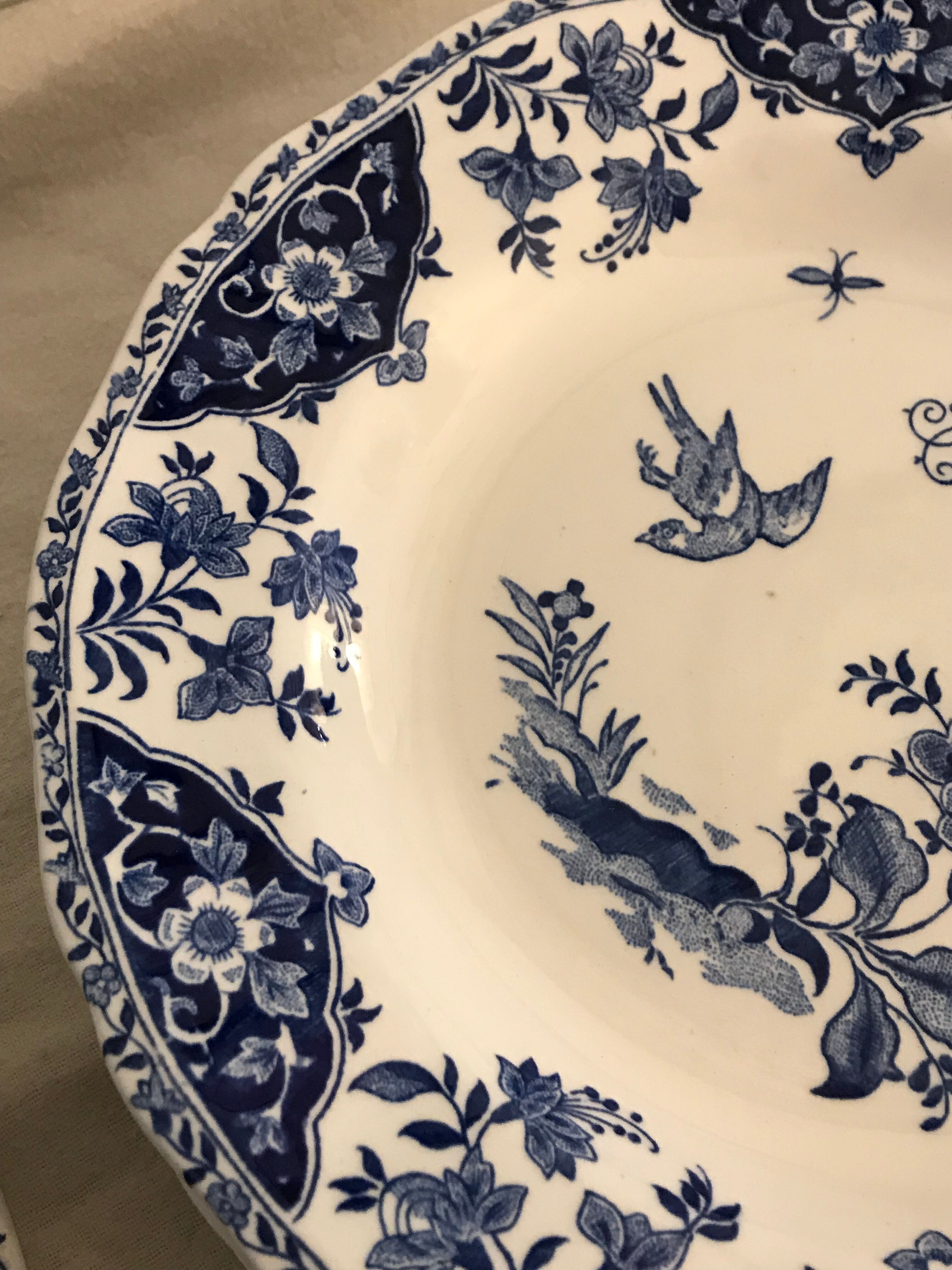 Lot of 5 flat plates and 5 plates Gien 1960, blue and white hollow